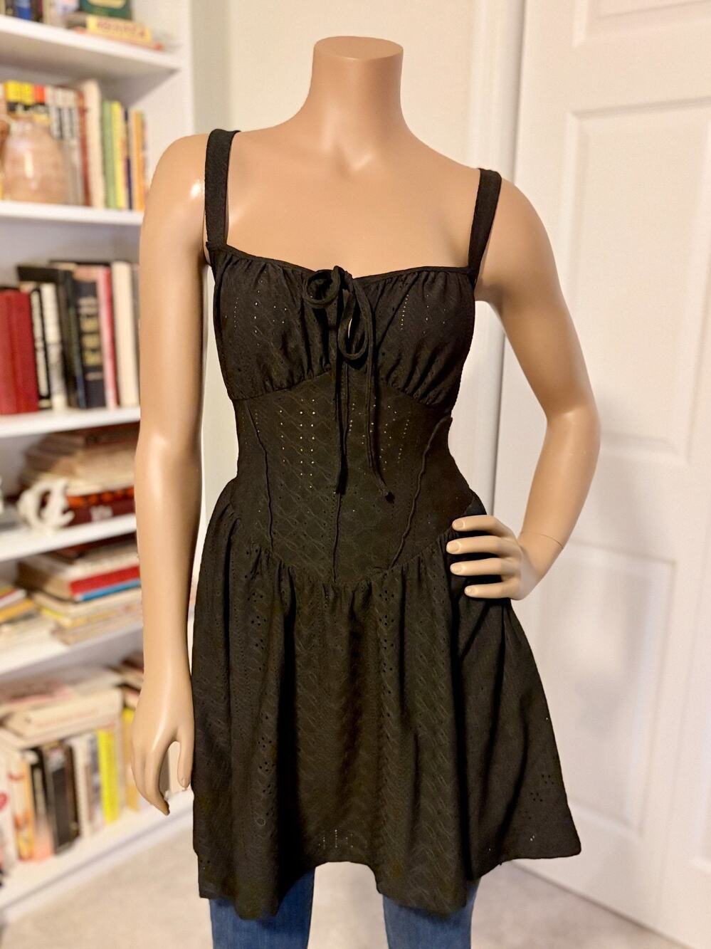 Black Eyelet Mini Dress SHEIN EZwear Polyester Size L Tie Front Cottagecore NEW